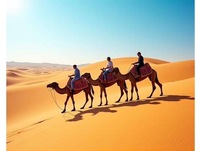 Guests on a guided camel trek through golden sand dunes under a clear sky