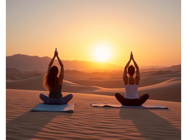 A tranquil yoga session with guests at sunrise in the vast desert